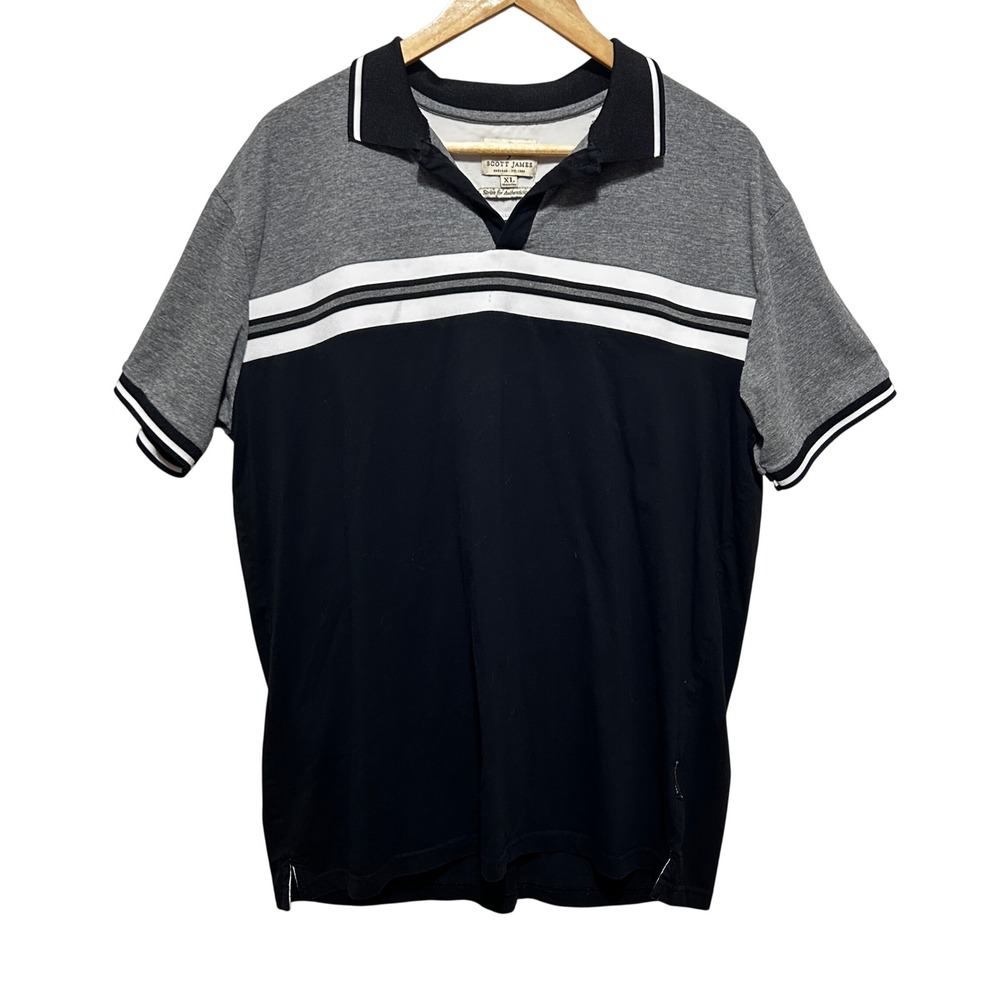 Scott James Men Preppy Casual Polo Shirt XL Black Grey Colorblock Striped Cotton